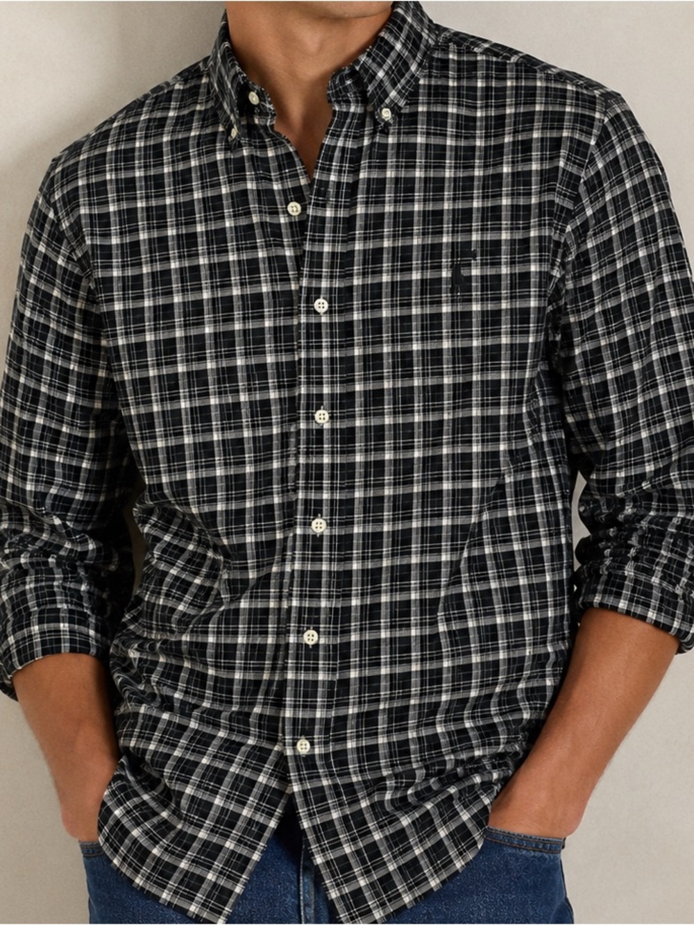 Polo Ralph Lauren Plaid Button Front Shirt Black White Cotton Size Large